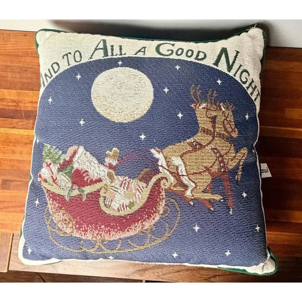 Vintage Christmas Tapestry Pillow | Santa Sleigh, Reindeer, Moon | Holiday